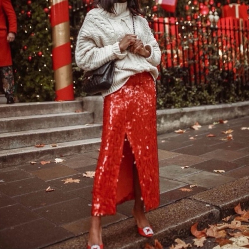 VICI Red Sequin Midi Skirt (Small)